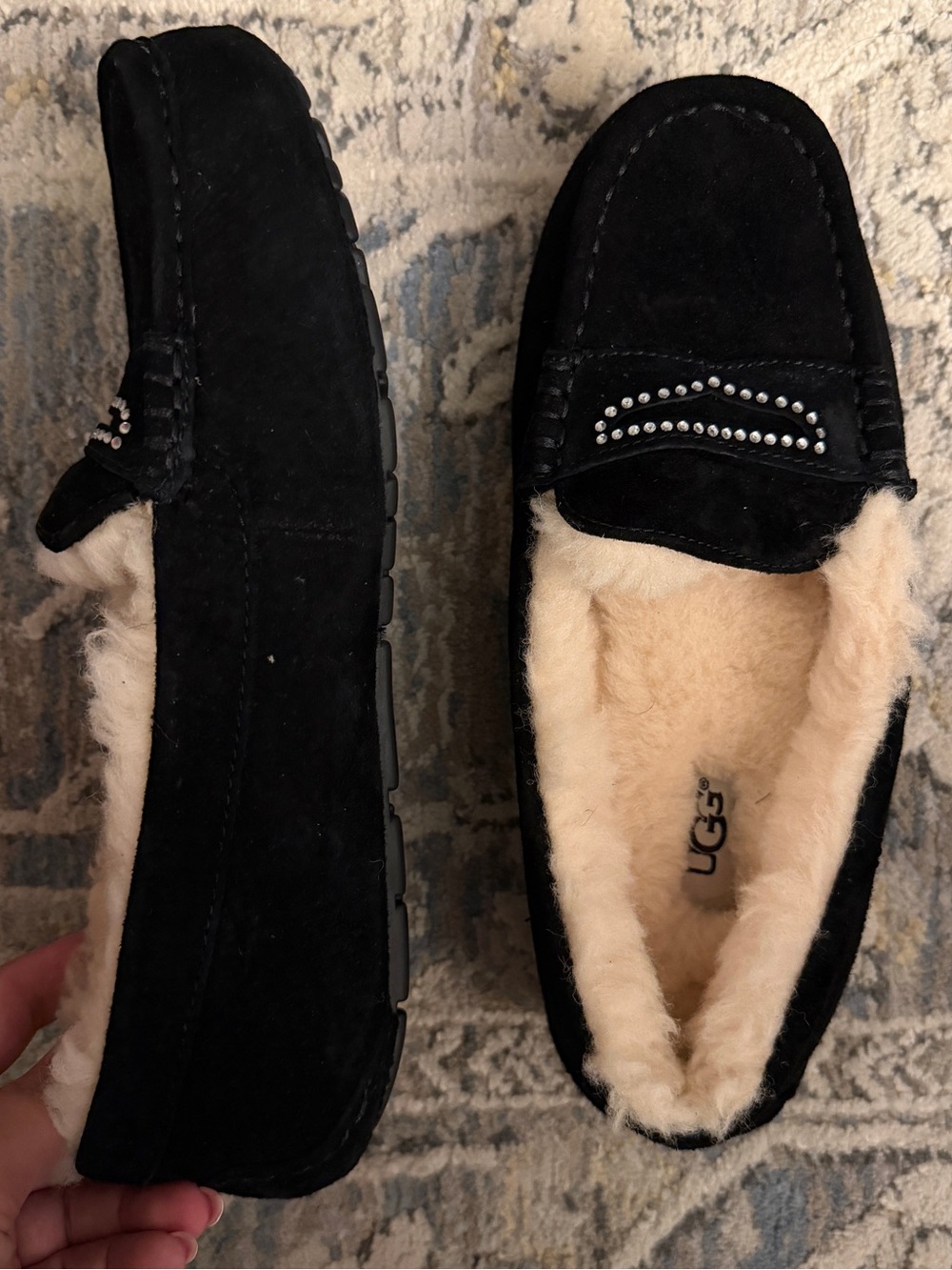 UGG Black Suede Shearling Rhinestone Loafers Moccasins Women’s Size 7- Brand new